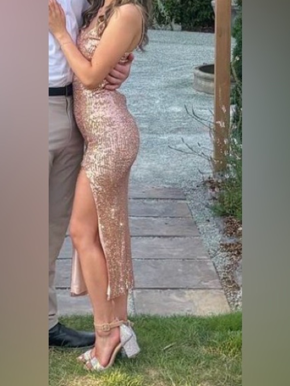 Rose Gold Sequin Side-Slit Prom Dress